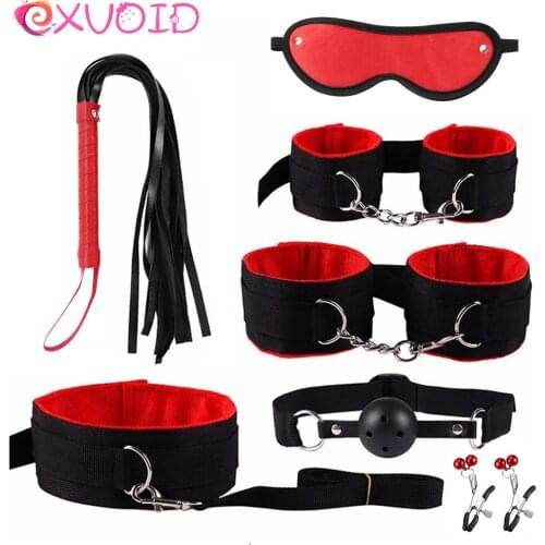 EXVOID 7PCS Slave Restraints Nipple Clip PU Leather Flush Handcuffs Sex Toys For Couples BDSM Bondage Sex Whip Eye Patch