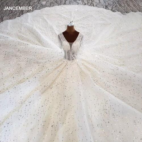 HTL1956 Ball-Gown Beaded Crystal Luxury Sequined Bow Wedding Dress 2020 Short Sleeve V-Neck Lace Up Back