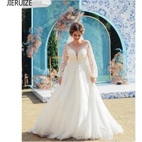JIERUIZE White Fairy Wedding Dresses Long Sleeves Sheer Jewel Neck Backless Appliques A Line Boho Bridal Dresses robe de mariage