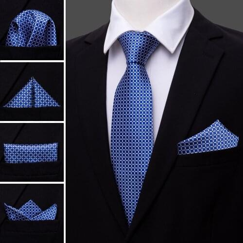 LS-1518 Barry.Wang Classic Men`s Tie 100% Silk Blue Novelty Necktie Hanky Cufflink Set For Men`s Wedding Party Business