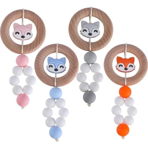 1Pcs Baby Teether Baby Creative Beech Wood Ring Teether Cartoon Fox Silicone Ring Baby Molar Toys Baby Growth Best Gift