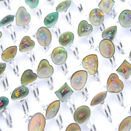 Wholesale 5pcs Chang Color Mood Rings for Women Dried Flower Adjustable Mix Lot Heart Square Shape Ring Jewelry