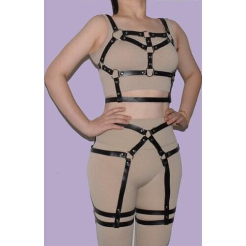 2pc set leather body harness for women Goth Sexy Bra Waist To Leg Bondage Cage Fetish Punk Waist Belt Suspender Accessories