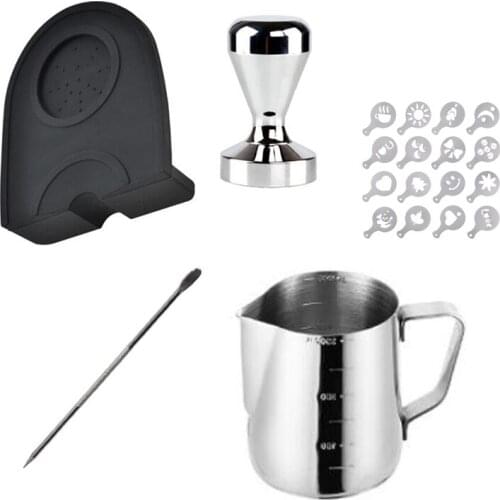 BMBY-Set of Espresso 51MM Coffee Tamper Mat Silicone Rubber Tampering Corner Mat Coffee Maker with 350ML Milk Jug and Art Pen