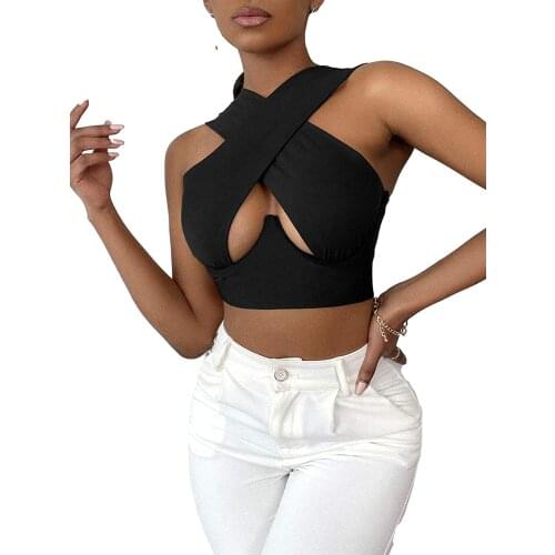 Summer party womens criss-cross vest, sexy and fashionable cool sleeveless solid color cut-out front crop top