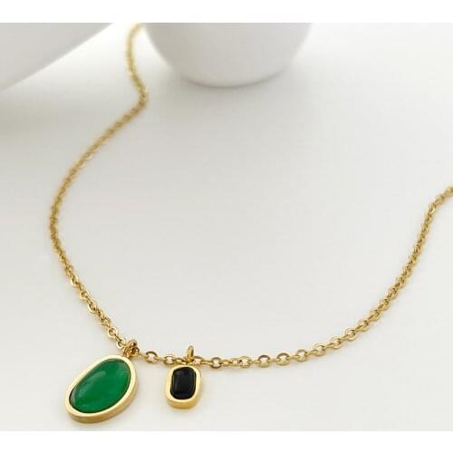 Monlansher Irregular Green Stone Black Stone Double Pendant Necklace Titanium Steel Chain Necklaces Vintage Party Jewelry 2021