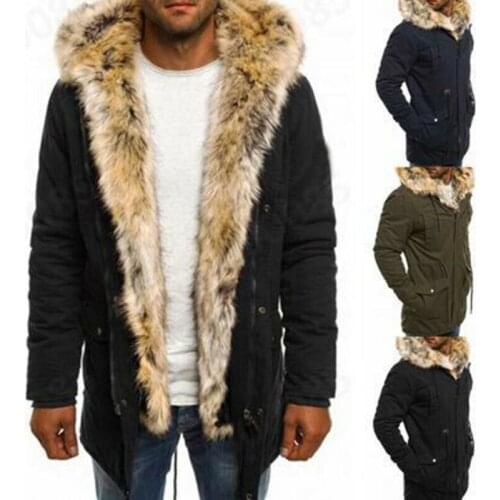 Men Winter Warm Outdoor Coat Hooded Pocket Parka Jacket Overcoat Faux Fur Collar