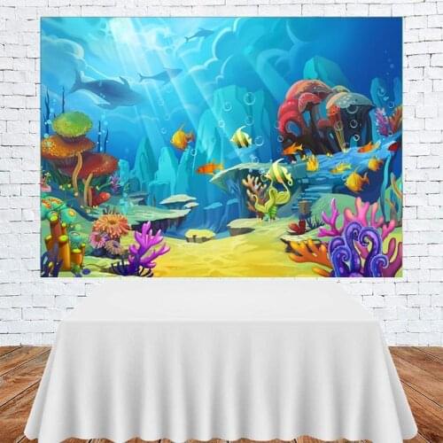 Charming Undersea World Fish Baby Seaweed Shark Cartoon Background Boy Birthday Party Decorative Photography Studio Backdrop