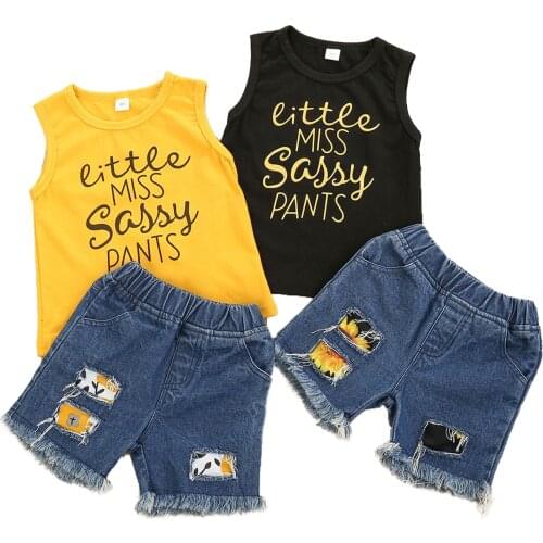 1-5Y Denim Outfits for Toddler Baby Girls Sleeveless Letter Tops+Jean Shorts 2021 Summer Kid Girl Clothes Sets