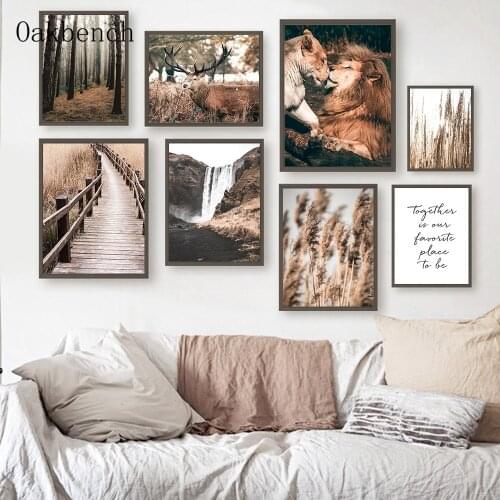 Nordic Poster Forest Natural Landscape Canvas Art Painting Deer Lion Wall Art Print Reed Plant Posters Living Room Decoration