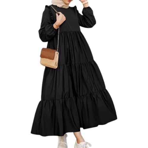 Loose Maxi Dress Large Hem Mid Waist Round Neck Long Sleeve Ruffle Dress for Working Casual Autumn 2021 Women Clothing vestidos