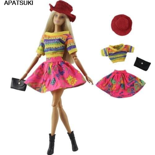 Rainbow Fashion Doll Clothes For Barbie Doll Top Skirt Hat Bag Fashion Outfits For Barbie Dollhouse 1/6 Dolls Accessories
