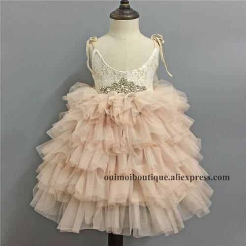 Retail Champagne Lace Girl Strapped Long Dress Sleeveless Summer Layered Princess Dresses Birthday Wedding Formal Maxi Dresses