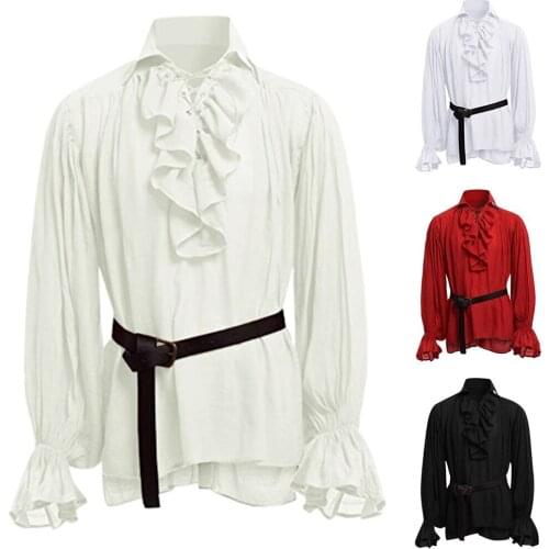 2021 New High Quality Fashion Shirt Men Bandage Long Sleeve Shirt Gothic Man Blouse Vintage Loose Simple Tops Camisa Masculina