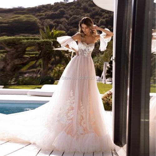 Tempting Pink A Line Wedding Dresses Off Shoulder Ruffles Lace Appliques Zipper Bridal Wedding Gown Vestido De Noiva Court Train