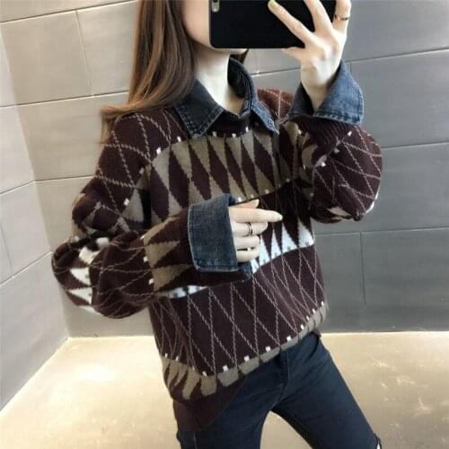 Denim Sleeve Stitching Fake Two-piece Sweater Womens Autumn Winter New Korean Loose Long Sleeve Outerwear Knitted Sweater Mujer
