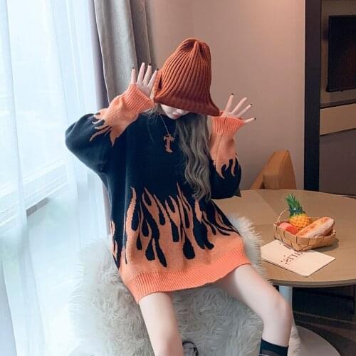Sweater Women Streetwear Retro Flame Pattern Hip Hop Autumn Pull Over Spandex O-neck Oversize Couple Casual Women Sweaters Y193