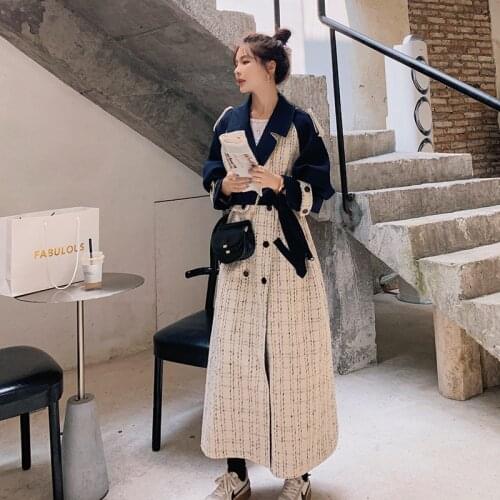Windbreaker female European splicing Plaid Double-breasted 2020 New Spring Autumn Loose Casual Over knee Trench Women coat A71