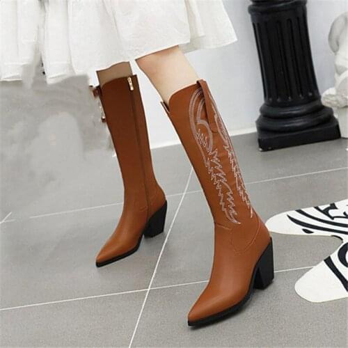 PXELENA Handmade Embroider Mid Calf Boots Women Zip Chunky Block High Heels Western Cowoby Boots Winter Shoes Plus Size 34-43