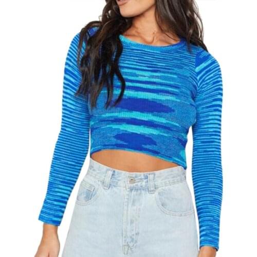 20CF Women Long Sleeve Knitted Sweater Multicolor Blue Striped Slim Jumper Crop Top