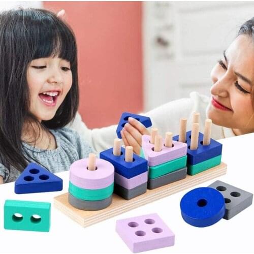 Wooden Montessori Toy Building Blocks Early Learning Kids Educational For Boys Match Toy Toys Cognition Color Shape Girls E4R6
