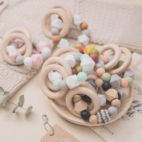1pc Baby Nursing Bracelets Maple Rings Wooden Teether Silicone Beads Teething Baby Rattle Stroller Accessories Toy Baby Products