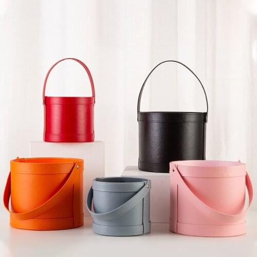 1Pc PU Leather Flower Box Bouquet Handbox Round Gift Packaging Box Table Organizer Creative Plant Pot Wedding Party Decoratin