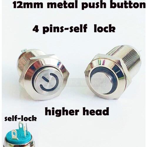 12mm Metal Button Switch Panel Hole latching Power Push Button higher round Head 4pins LED light Self-Lockwaterproof switch