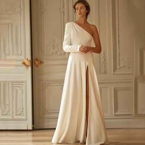 Eightree Ivory/White One Shoulder Wedding Dresses Satin High Split Bridal Gowns A-Line Simple Party Evening Gowns Custom Size