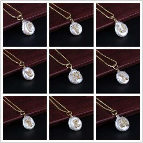 White CZ initial 26 alphabet letter ABC name white coin freshwater pearl gold pendant charm choker necklace bridal wedding gift