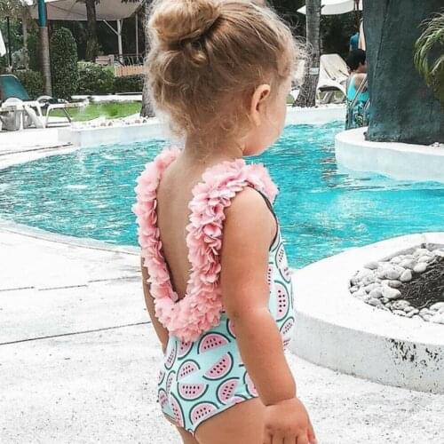 Fashion Toddler Baby Girls Kids Sleeveless Watermelon Print Backless Flower Cute One-Piece Swimsuits Beachwear Swimwear