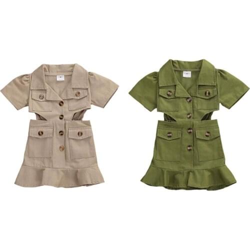 Children Hollow-out Waist Dress Baby Girls Short Sleeve Lapel Ruffle Dress Summer Single-breasted Kid Clothes with Front Pockets