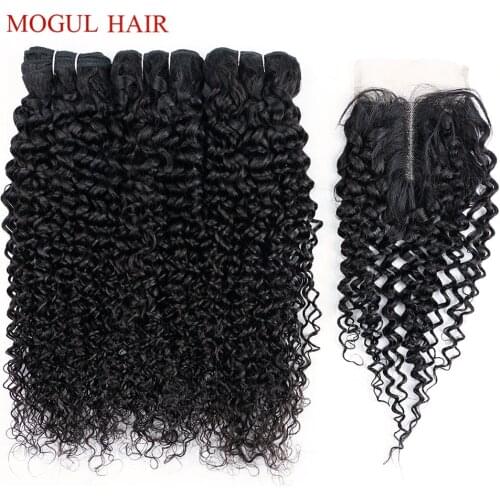 MOGUL HAIR Brazilian Jerry Curly Hair Bundles With Closure Natural Color 3/4 Bundles With Closure Non Remy Human Hair Extension
