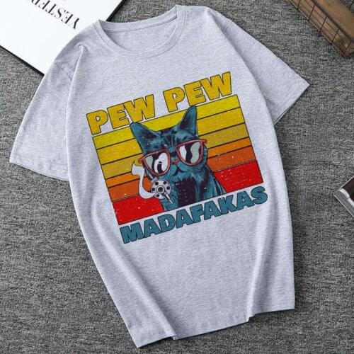 Black Cat Pew Pew Madafakas Funny Cat Gangster Women Short Sleeves T-shirt Humor Gift Summer Tops with Gun Meme Retro Tee Female