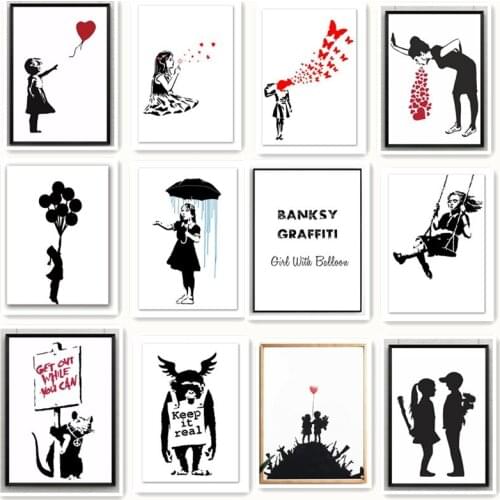 Graffity Style Simple Balloon Girl Heart Nordic Style Wall Art Canvas Print Painting Modern Living Room Decor Picture