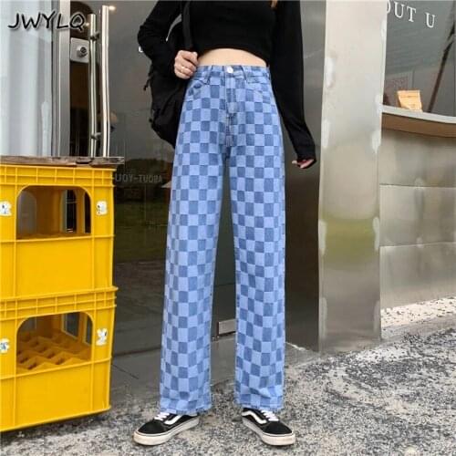 Plaid High Waist Loose Streetwear Women Denim Pants For Girls Casual Straight Leg Pants Length Fashion Boyfriend Loose Trousers