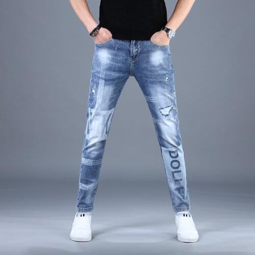 Summer Mens Blue Stretch Ripped Jeans Fashion Letter Printed Slim Fit Denim Pants