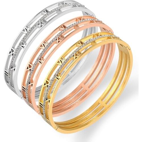 Fashion Hot Sale Opening Titanium Steel Bangles Crystal Rose Gold White Gold Bangles Roman Numerals Womens Bracelet