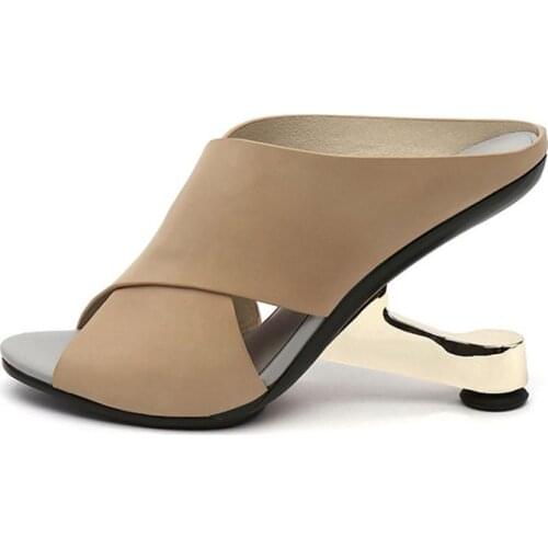 Open Toe Women Summer Mules Shoes Apricot Leather Ladies Sandals 8cm Iron Strange High Heels Formal Dress Party Shoes Black Pump