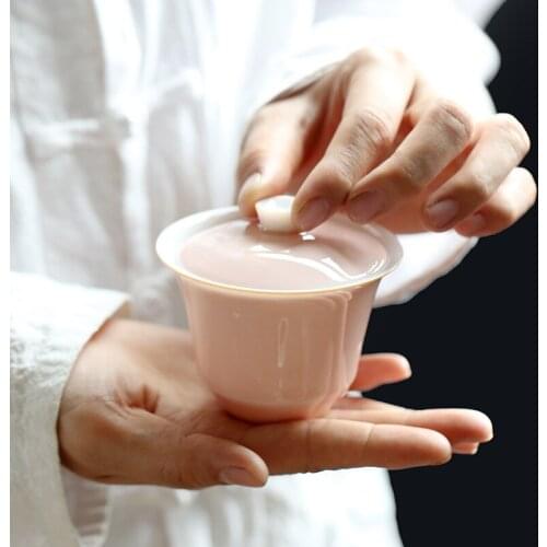 Jade Mud Ceramic Whiteware Coloured Glaze Pink Cute Creative Kung Fu Tea Tea Bowl Three-Force Tureen Small Ceramic Cups Gaiwan