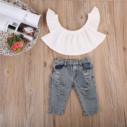 New 2020 Summer Infant Toddler Baby Girls Fashion Off Shoulder Tops And Denim Pants Hole Jeans Outfit Clothes