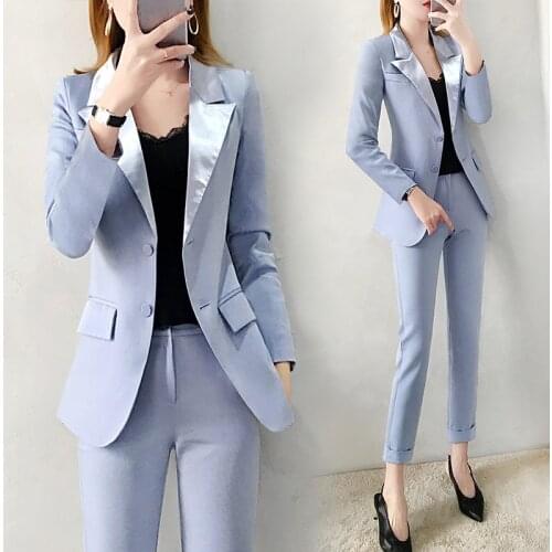 New womens blue Blazer Jacket pants suits spring fashion Slim suit & pencil pants two-piece Office Lady professional suit