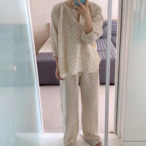 Autunm Pajama Set Cherry Print Pastoral Comfortable Women Homewear Long Sleeve+pants Pijama Casual Loose Sleepwear 2pcs