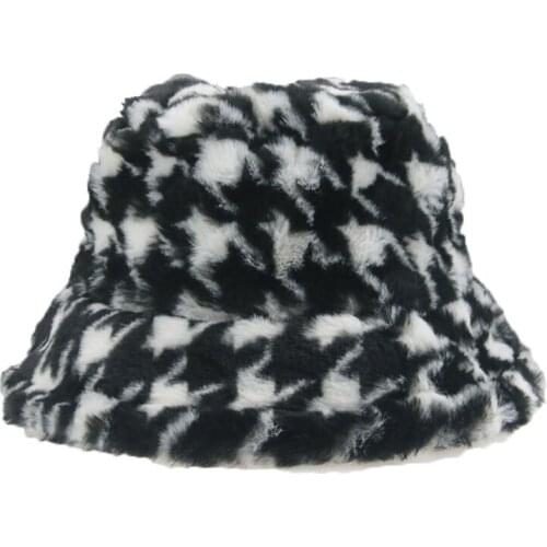 Bucket Hat Winter Fur Plush Keep Warm Wide Brim Plaid Black White Winter Hats Outdoor Keep Warm Fisher Bucket Women Hat Gorras
