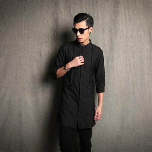 S-5XL! 2016 New Mens clothing Slim medium-long linen shirt male half sleeve shirt coat PLUS SIZE Singer costumes