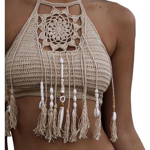 Sexy Ladies Beach Swimming Top With Handmade Flowing Bohemian Swimsuit Summer Boho Crop Top Fringe Halter Bather Swimming Suit