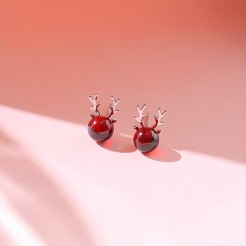 Mini Style Silver Color Sweet Antler Elk Deer Stud Earrings Red Pomegranate Deer Earrings For Women Girl Christmas Jewelry