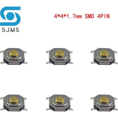 SJMS 100PCS Waterproof Copper Pillar Tactile Push Button Switch 4x4X1.7 Micro Switch 4*4*1.7 mm mini Tact Switch SMD 4 Pin