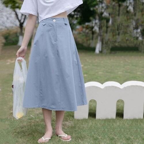2021 Summer New Korea Fashion Women High Waist Solid Long A-line Skirts Cotton All-matched Casual Loose Skirt Female Saia V424