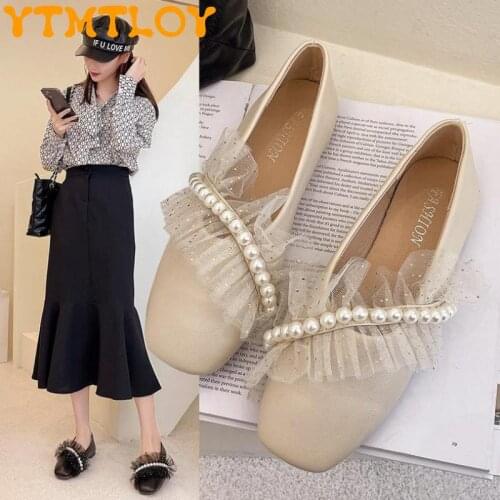 2021 Spring And Autumn Fairy Tale Fluttering Comfortable And Soft Leather Lace Edge Pearl Shallow Mouth Mary Mazhen Womens Shoe